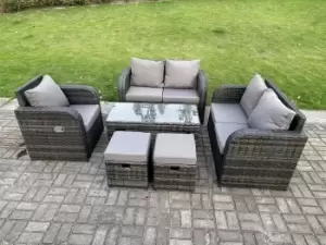 Image of Fimous 5 Seater Outdoor Dark Grey Rattan Lounge Complete Sofa Set with Oblong Coffee Table, Reclining Chair and 2 Stools
