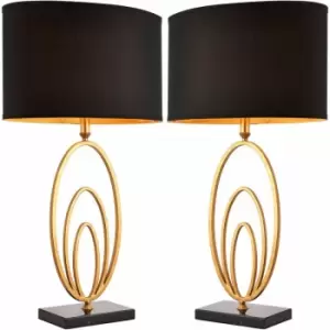 Image of 2 pack Modern Table Lamp Light Gold Ring & Black Marble Square Base Round Shade