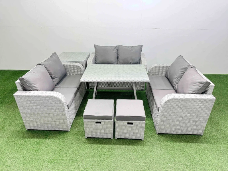 Image of Fimous 8-seater Patio Rectangular Table Love Sofa Set with Side Table in Light Grey Light Grey Unisex