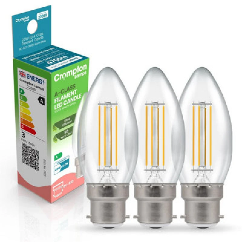 Image of Crompton Lamps LED Ultra-Efficient Candle 2.2W B22 A-Class Warm White Clear (40W Eqv)