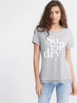 Image of Superdry Tilly Lace Graphic Tee - Grey Marl, Size 6, Women