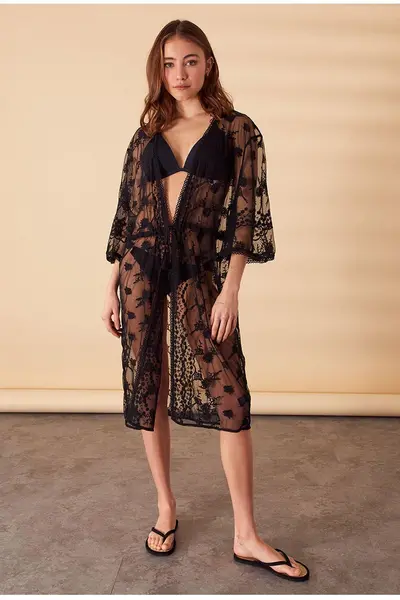 Image of Accessorize Lace Kimono Black