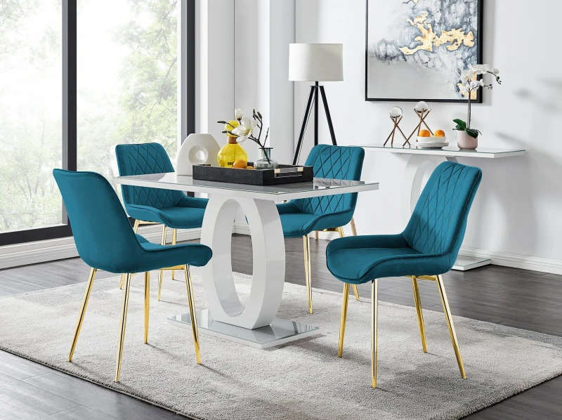 Image of FurnitureboxUK FurnitureboxUK Giovani 4 Grey Dining Table & 4 Pesaro Gold Leg Chairs in Blue Blue One Size Unisex 5056542650475