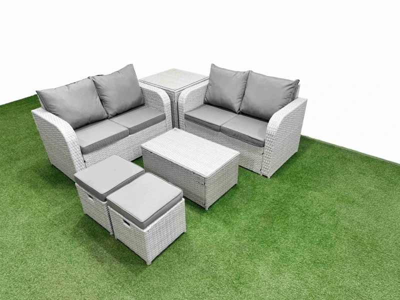 Image of Fimous 6 Seater Outdoor Love Sofa Set Rattan Garden Furniture Set with Rectangular Coffee Table 2 Small Stools Side Table Light Grey Light Grey