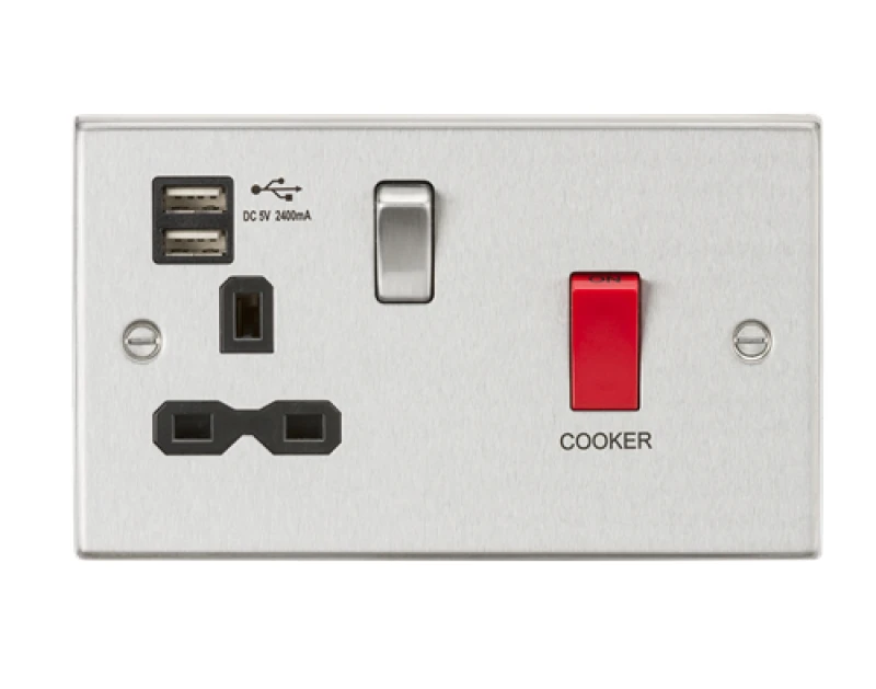 Image of KnightsBridge 45A DP Switch & 13A Switched Socket Dual USB Charger 2.4A - Brushed Chrome with Black insert CS8333UBC