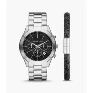 Image of Michael Kors Mens Slim Runway Chronograph Stainless Steel Watch And Pvc Bracelet Set - Silver