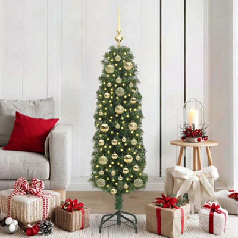 Image of vidaXL Artificial Christmas Tree with 150 LEDs, Gold Balls with Stand Green 150 cm, Green 3394934