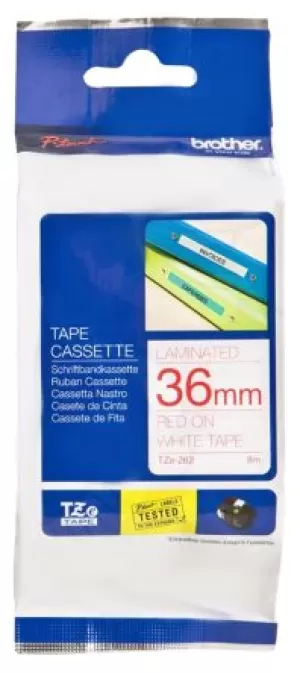 Image of Brother P-touch TZE-262 Red On White Label Tape 36mm x 8m