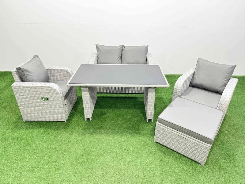 Image of Fimous Outdoor Rattan Garden Furniture Dining Set 5-seater with Big Stool in Light Grey Light Grey Unisex