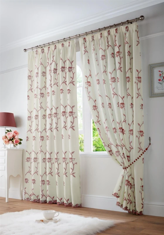 Image of Luxury Living Exe Embroidery Voile Curtains in Red Size: 229cm width x 229cm drop Red Unisex 229cm width x 229cm drop