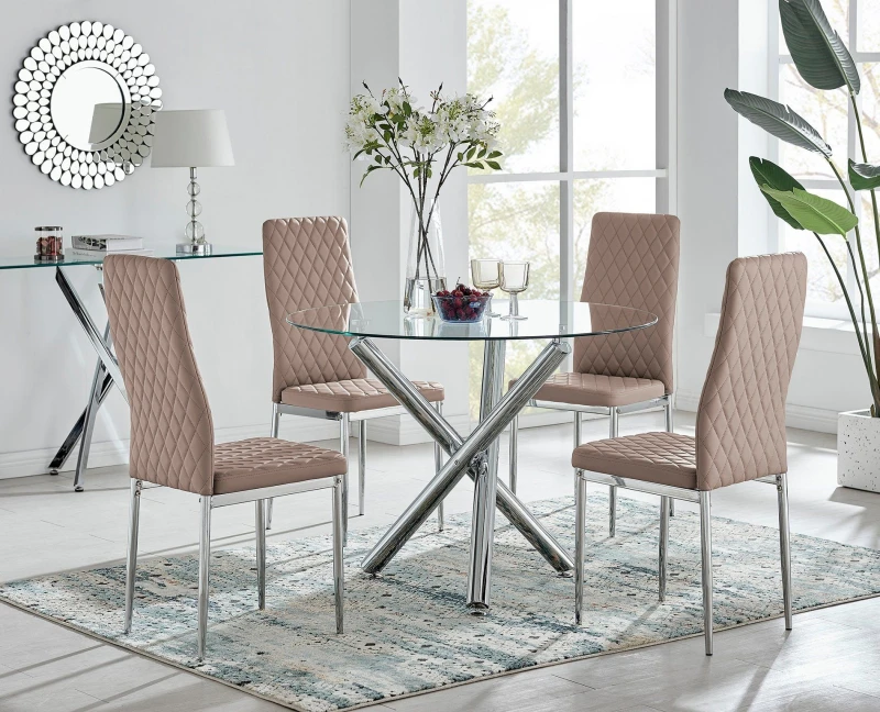 Image of FurnitureboxUK FurnitureboxUK Selina Chrome Round Glass Dining Table and 4 Milan Dining Chairs in Beige Size: 4 Person Beige 4 Person Unisex 5056542