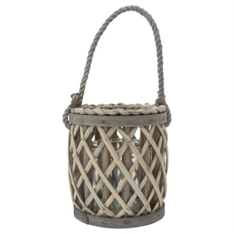 Image of Jvl Luna Natural Willow Wood Lantern With Braided Rope Handle - Grey White Washed