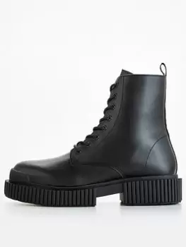 Image of Armani Exchange Leather Lace Up Biker Boot - Black, Size 37, Women