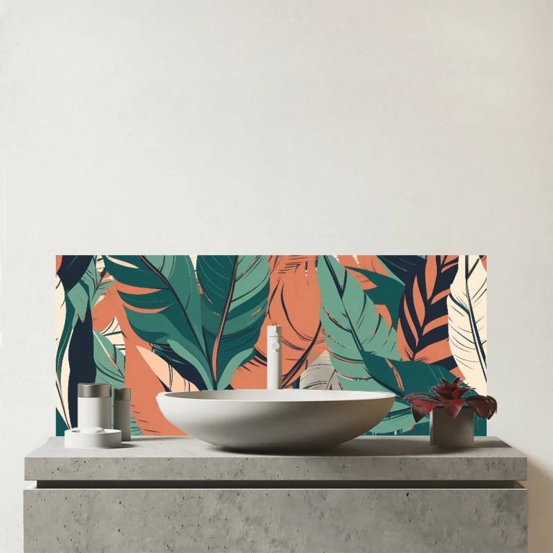 Image of Warren Reed - Designer Autumn Tropical Leaves Glass Bathroom Splashback in Green Green Unisex