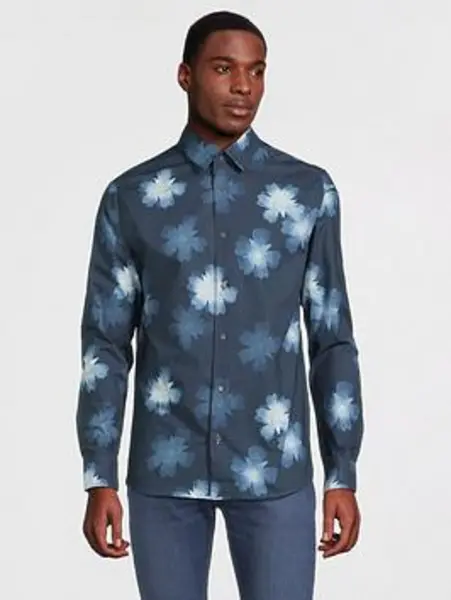 Image of Ted Baker Cabra Photographic Floral Print Long Sleeve Shirt - Navy