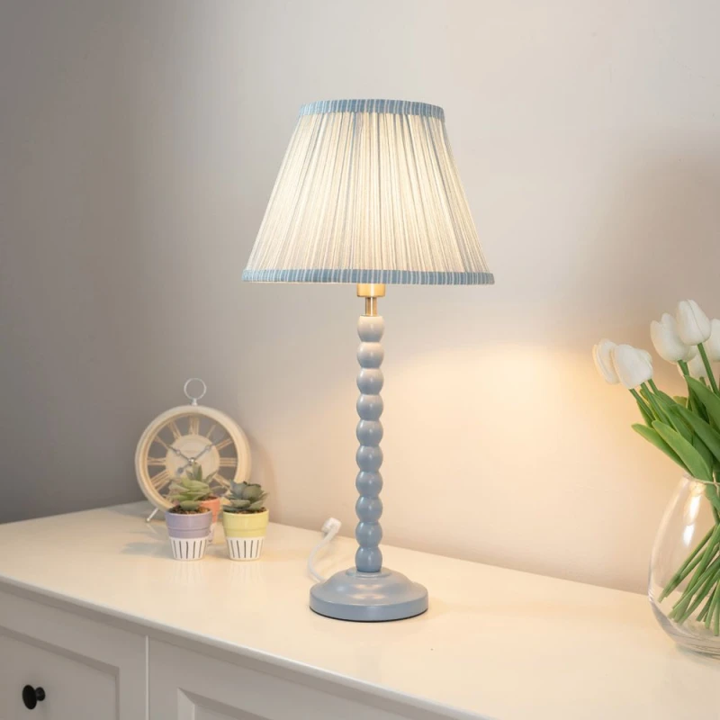 Image of ValueLights Bobbins Powder Blue Table Lamp with Tapered Fabric Pleasted Lamp Shade Blue