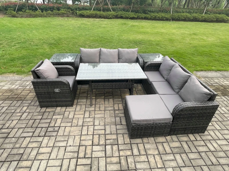 Image of Fimous 8 Seater Rattan Garden Furniture Set Oblong Rectangular Dining Table & Chairs Set with 3 Seater Sofa 2 Side Tables Big Footstool in Dark Grey D
