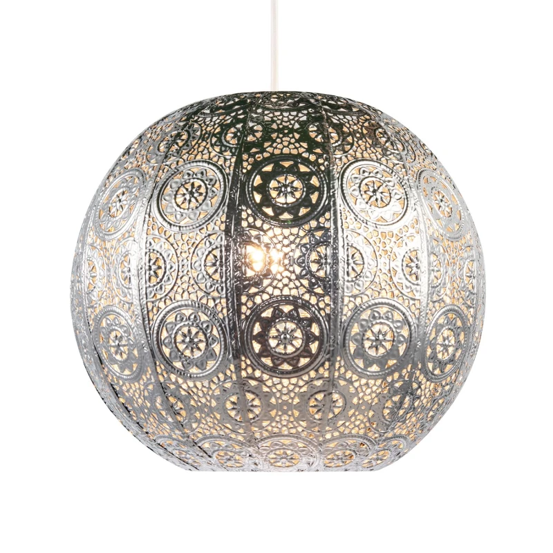 Image of Happy Homewares Spherical Vintage Moroccan Pendant Lighting Shade with Floral Design in Silver Silver Unisex