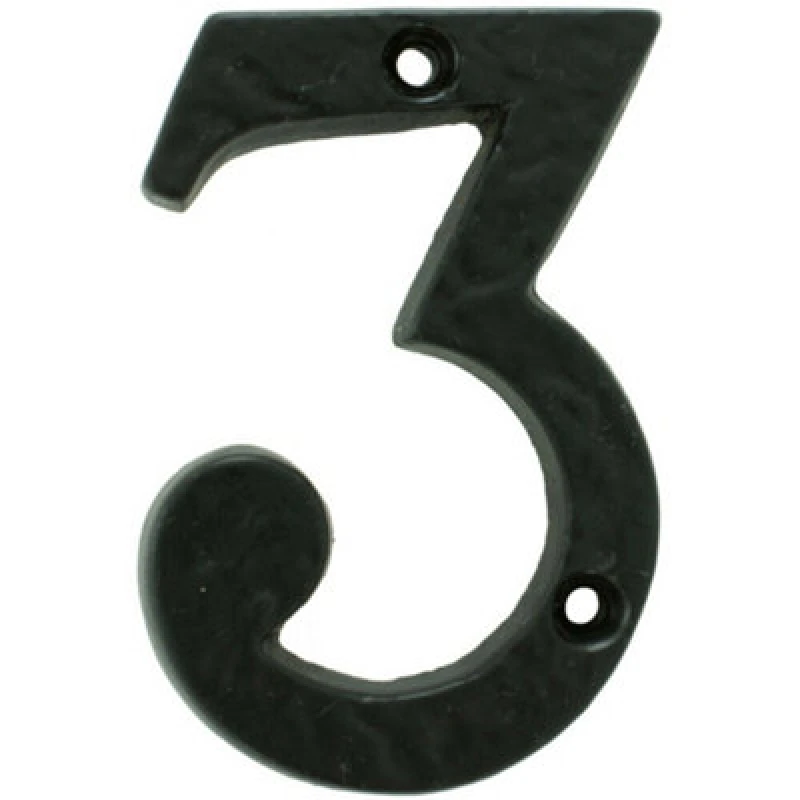 Image of Loops Black Antique Door Number 3 78mm Height 8mm Depth Iron Face Numeral Plaque Black