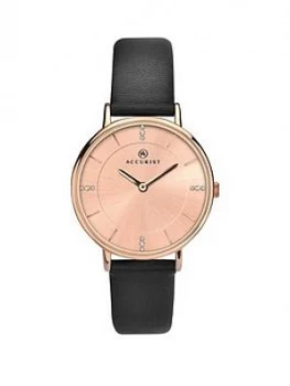 Image of Accurist Rose Gold Sunray And Crystal Set Dial Black Leather Strap Ladies Watch