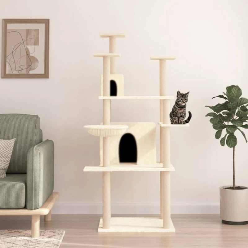 Image of vidaXL Cat Tree w/ Sisal Scratching Posts Cream 166cm, Cream 171723