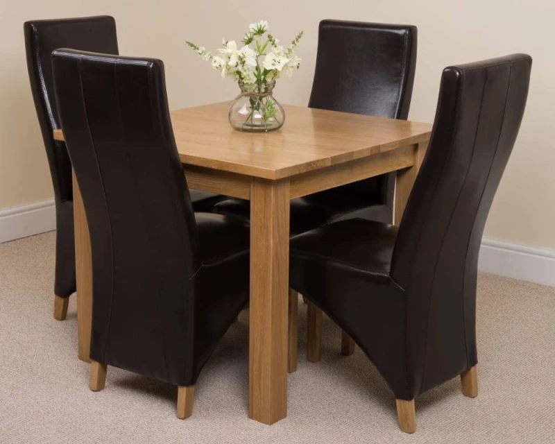Image of Thats Furniture Oslo 90 x 90cm Oak Small Dining Table & 4 Lola Leather Chairs in Brown Brown Unisex 90 x 90 cm