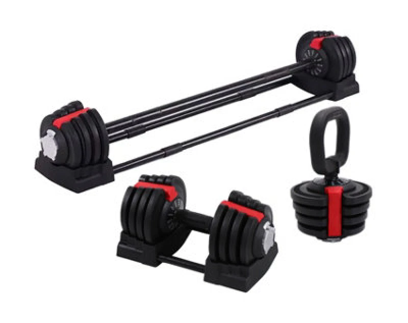 Image of STRONGOLOGY Strongology ELEMENT SET Home Fitness Black/Red Adjustable Smart Barbell/Dumbbell/Kettlebell from 2kg up to 19kg Training Weights Element S