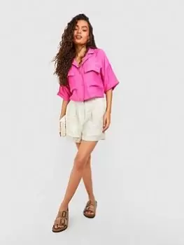 Image of Boohoo Oversized Linen Shirt - Pink, Size 10, Women