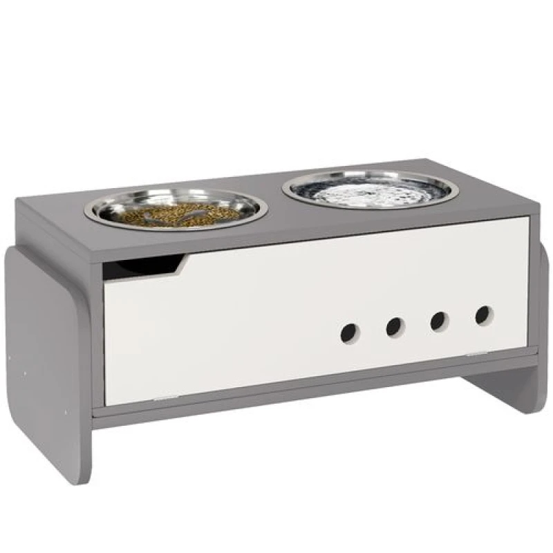 Image of PawHut Height Adjustable Dog Feeding Storage w/ 2 Stainless Steel Bowls, Grey D08-063V00GY