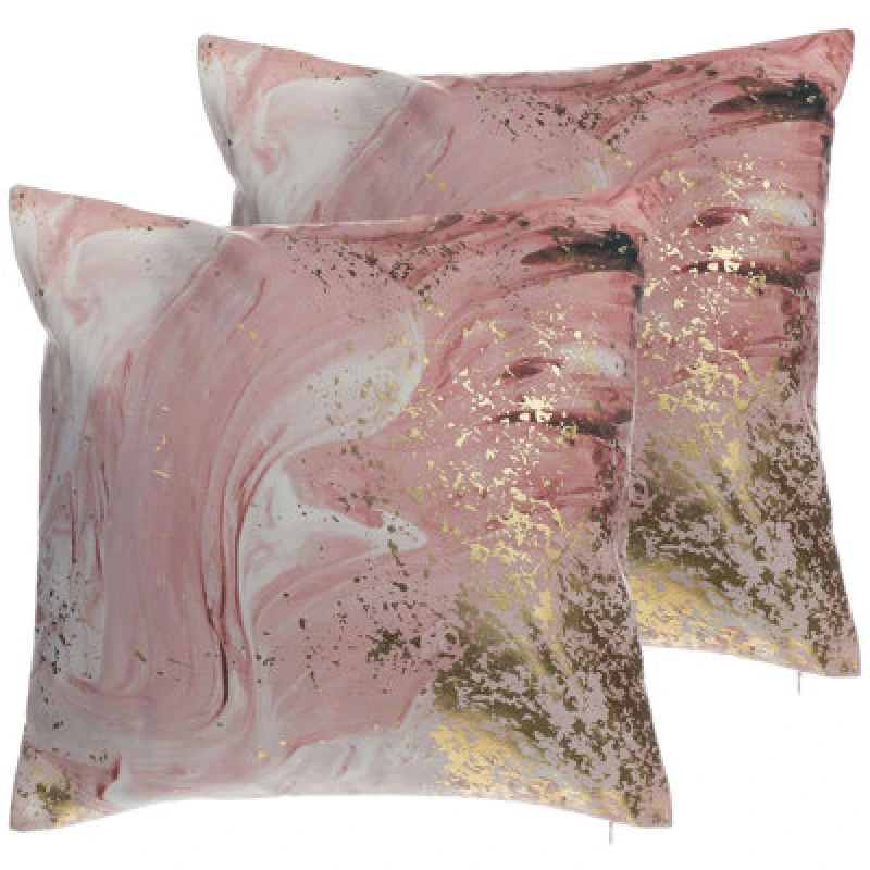 Image of Beliani Set Of 2 Decorative Cushions Lantana 45 X 45cm Pink Marble Effect