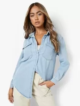 Image of Boohoo Oversized Denim Shirt - Blue Size 12, Women