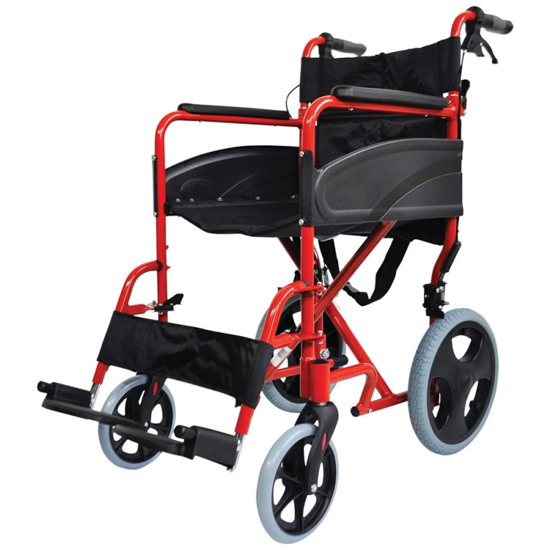Image of Loops Lightweight Aluminium Compact Attendant Propelled Transport Wheelchair - Red Multi