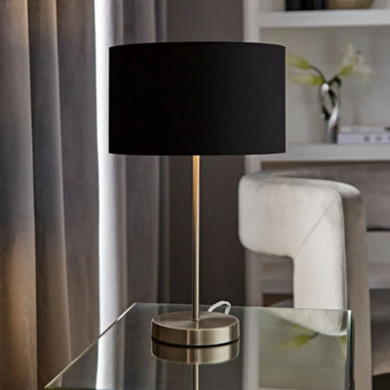 Image of ValueLights ValueLights Charlie Chrome Stem Table Lamp with Fabric Drum with Chrome Inner Lamp Shade in Black One Size Unisex 5059406060618