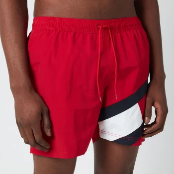 Image of Tommy Hilfiger Mens Signature Flag Medium Length Drawstring Swimshorts - Primary Red - S