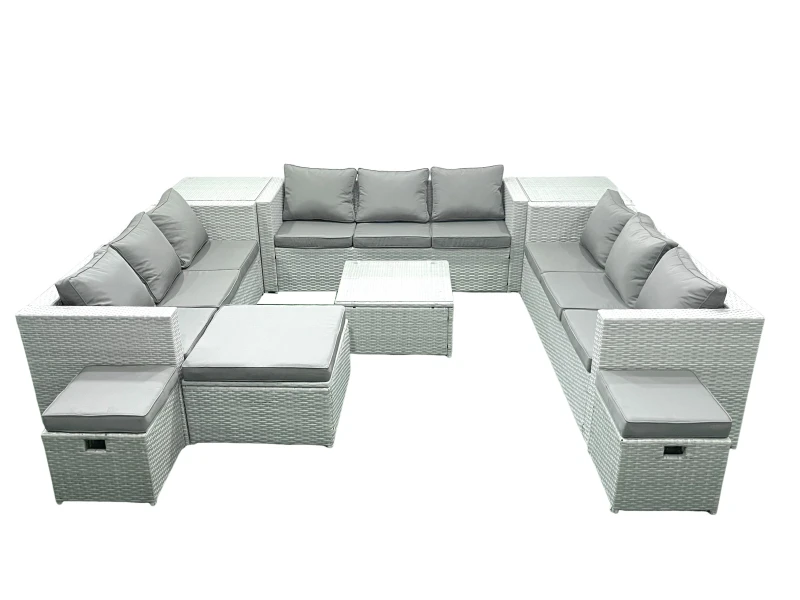 Image of Fimous Rattan Garden Outdoor Furniture Set 12 Seater Rattan Garden Sofa Set with 3 Footstools 2 Side Tables Light Grey Mixed Light Grey