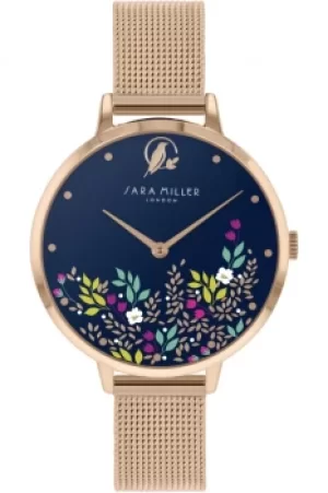 Image of Sara Miller Ditsy Ladies Rose Gold Stainless Steel Mesh Strap Floral Dial Watch SA4084