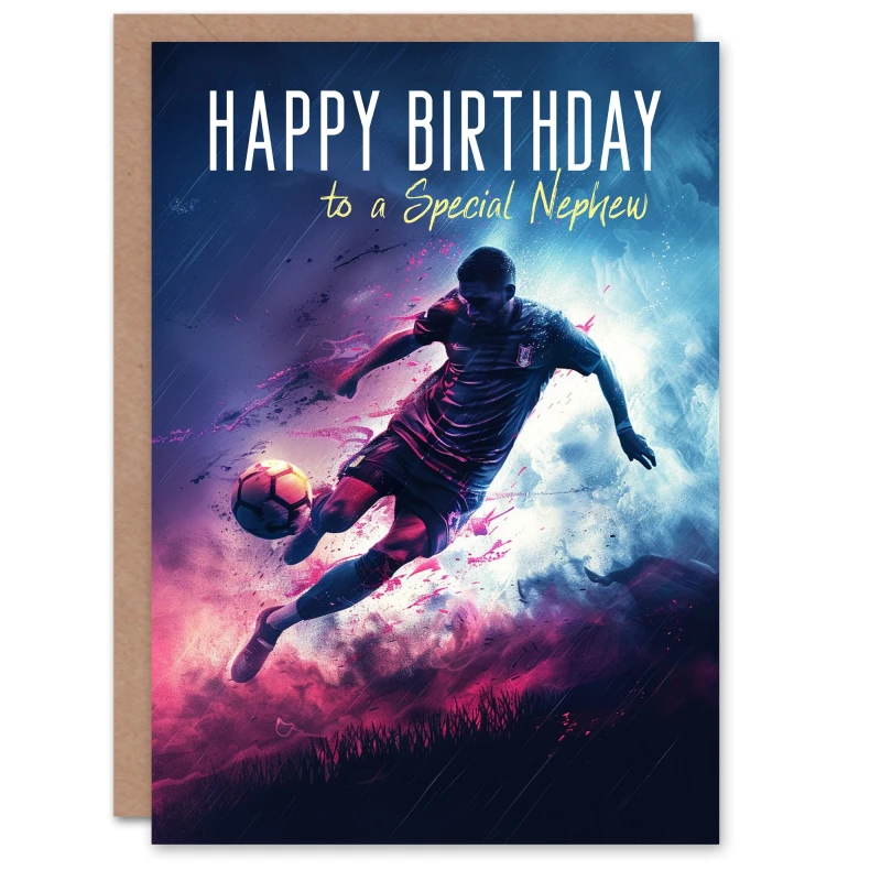 Image of Artery8 Happy Birthday Card to a Special Nephew Football Lover Sport Footy Striker Soccer Goal Purple male