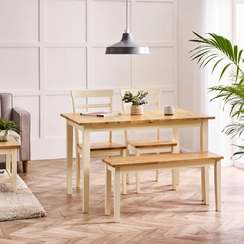 Image of FurnitureboxUK FurnitureboxUK Salcombe Extending Rectangular Wooden Table with 2 Whitby Chairs & 1 Small Bench in Cream Cream One Size Unisex 50566571