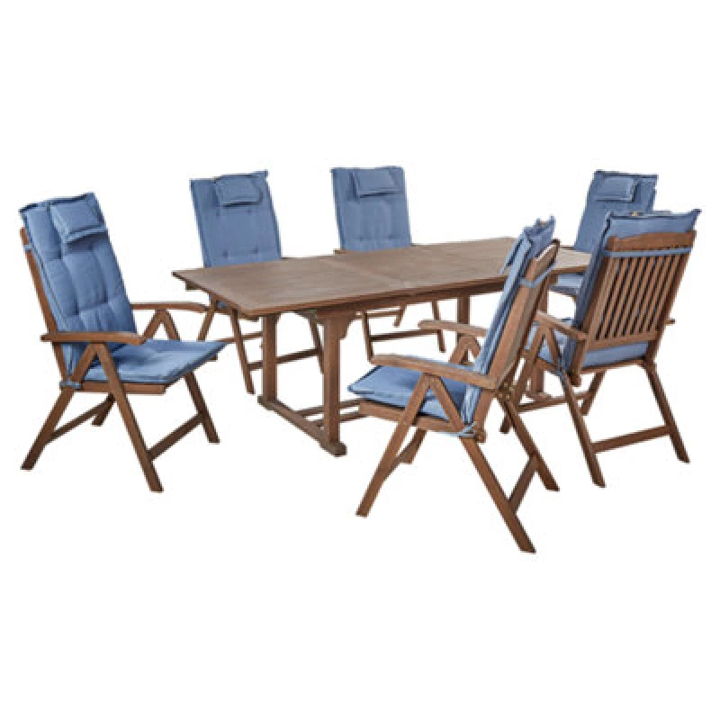 Image of Beliani Garden Dining Set 6 Seater Amantea With Cushions Acacia Wood Blue