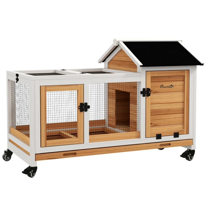 Image of PawHut PawHut Wooden Rabbit Hutch, Small Animal House w/ Wheels, Removable Tray Yellow 5056725388836