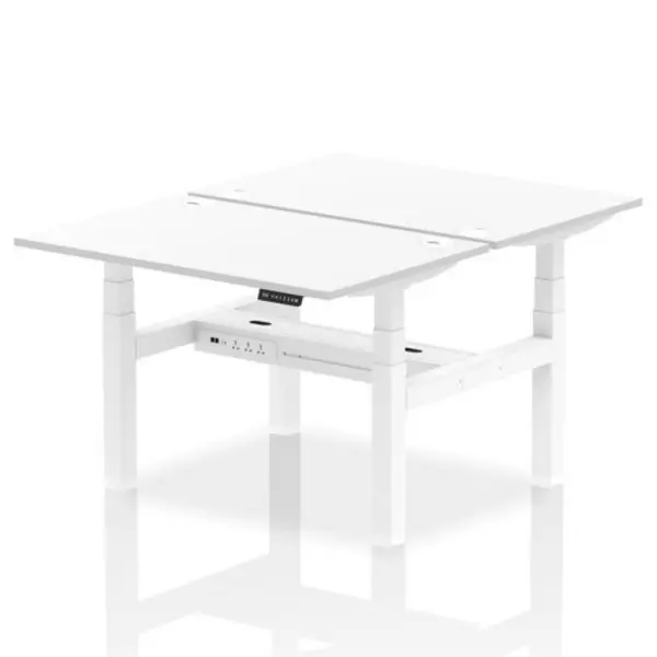 Image of Air Air Back-to-Back 1200 x 800mm Height Adjustable 2 Person Bench Desk White Top with Cable Ports White Frame HASCP2P12800WHTW