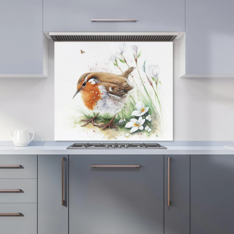 Image of Warren Reed - Designer Robin & Daisies Watercolour Kitchen Splashback in Brown Size: 700mm x 650mm Brown Unisex 700mm x 650mm