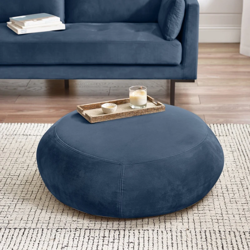 Image of FurnitureboxUK FurnitureboxUK Otis Round Soft-Touch Velvet Footstool in Navy Navy One Size Unisex 5056542695100