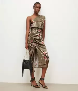 Image of AllSaints Womens Laura Dorada Silk Blend Dress, Khaki/Pink/White, Size: 14