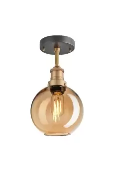 Image of Brooklyn Tinted Glass Globe Flush Mount, 7 Inch, Amber, Brass Holder