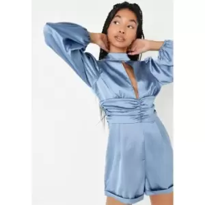 Image of Missguided Neck Cut Out Playsuit Satin - Blue