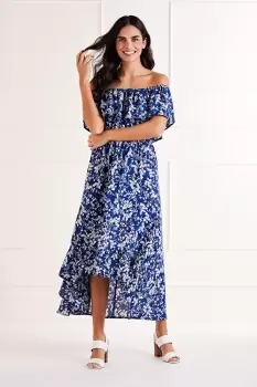Image of Blue Ditsy Print Bardot Dipped Hem Dress