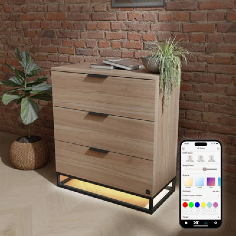 Image of XR Living Denver Chest Of 3 Drawers With LED App Control Lights - Oak / Black 2024188