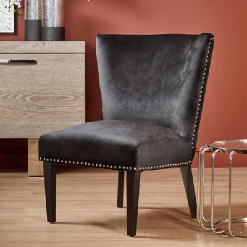Image of Premier Housewares Velvet Dining Chair, Dining Room Accent Chair, Velvet Upholstered Wing Chair with Wooden Legs Black