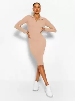 Image of Boohoo Polo Collar Rib Knit Midi Dress - Stone, Cream, Size S, Women